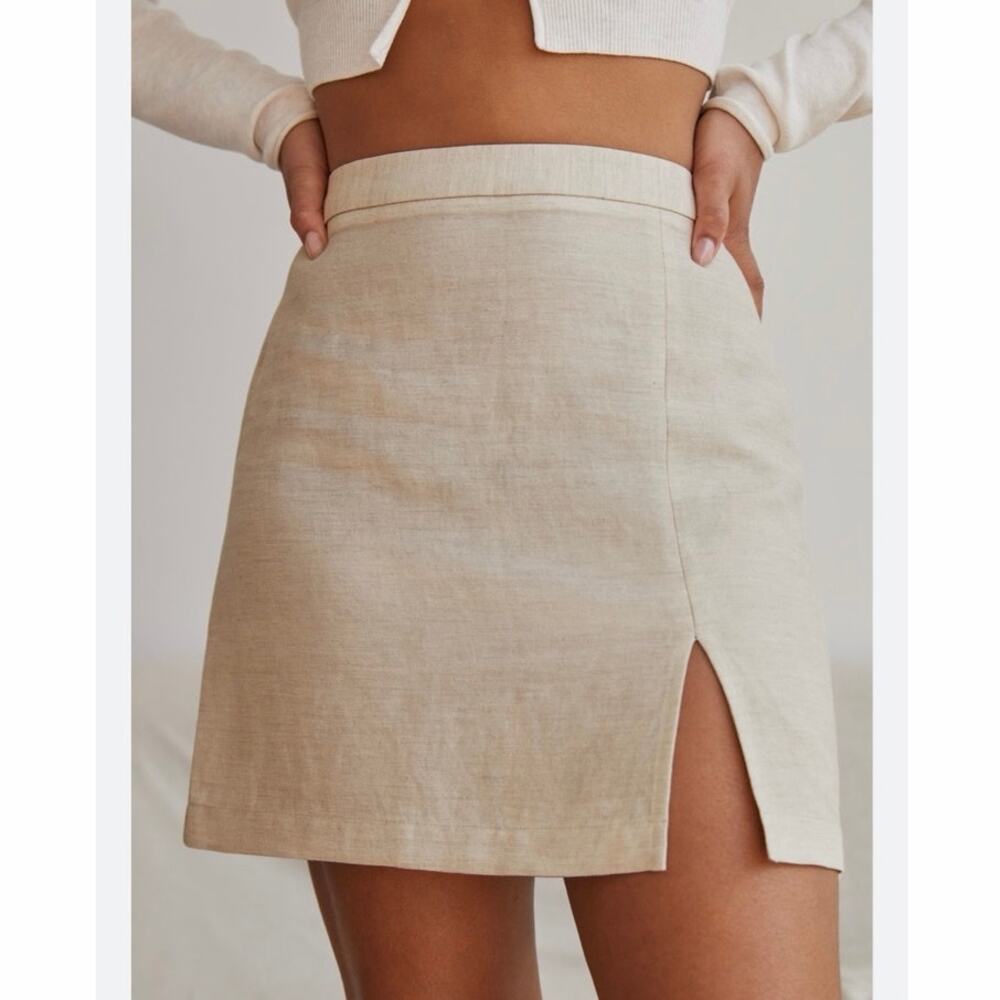 Lioness Linen Cotton Mini Skirt Beige Natural Front Slit Size Small